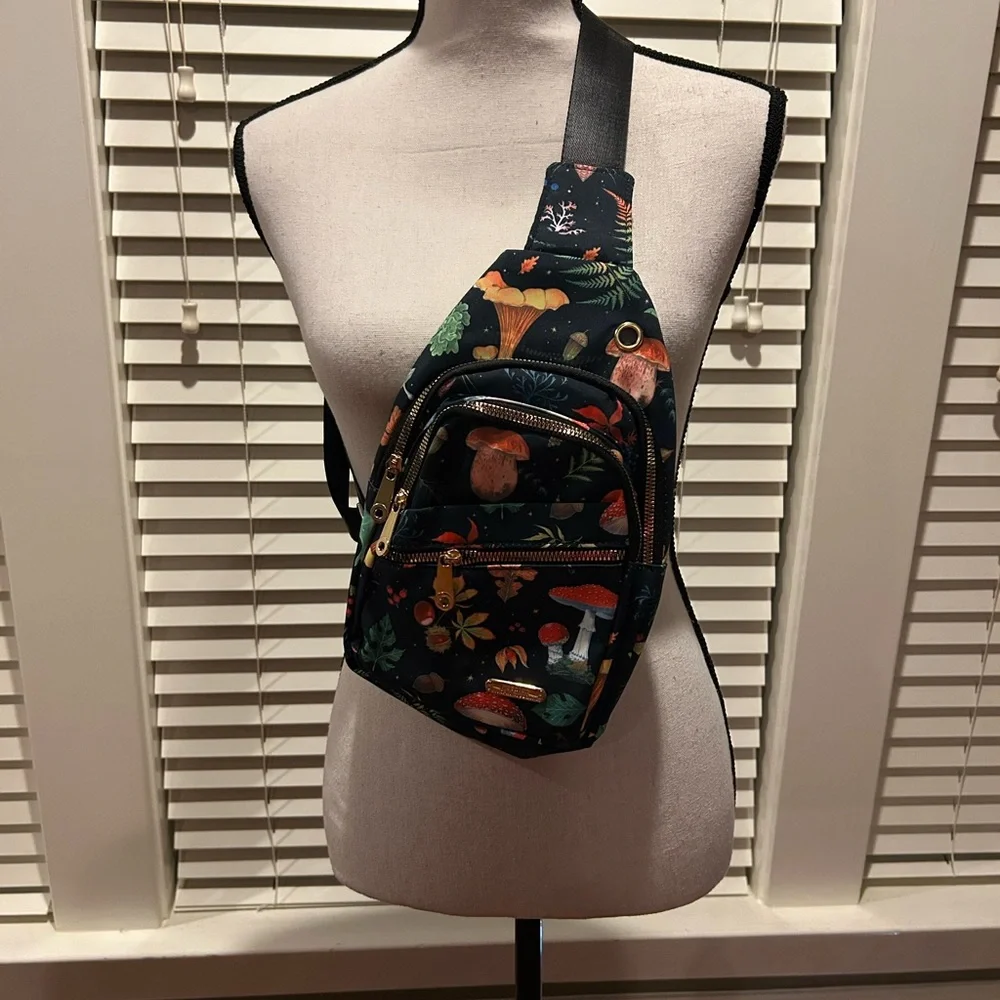 Floral and Mushroom Patterned Black Sling Bag - Picture 1 of 7